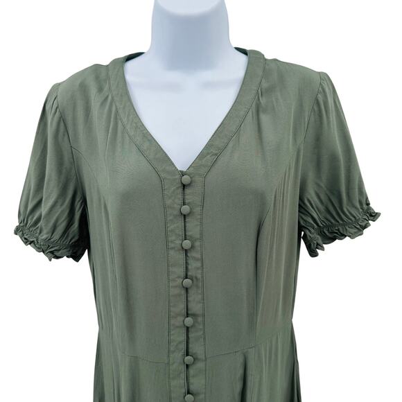 Dip Shirt Dress XS Green Knee Length Short Sleeve V-Neck Elastic Cuff Button Up - Picture 3 of 7
